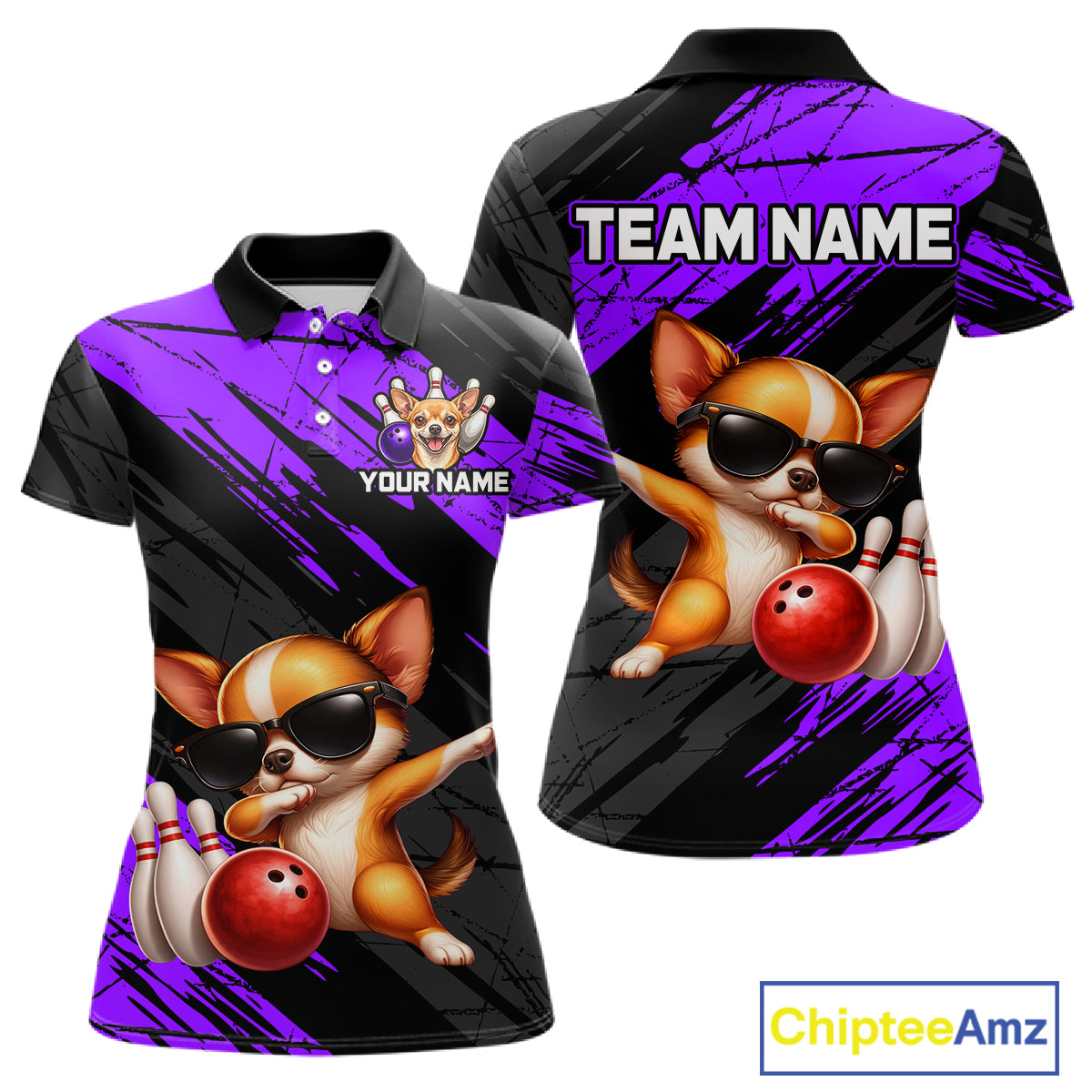 Polo shirt with a dog design and customizable text on a white background