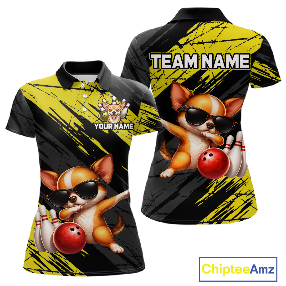 Customizable polo shirt with a dog bowling design, space for team name and personalization, and Chiptee Amz branding.