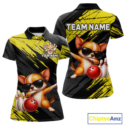 Customizable polo shirt with a dog bowling design, space for team name and personalization, and Chiptee Amz branding.
