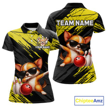 Load image into Gallery viewer, Customizable polo shirt with a dog bowling design, space for team name and personalization, and Chiptee Amz branding.