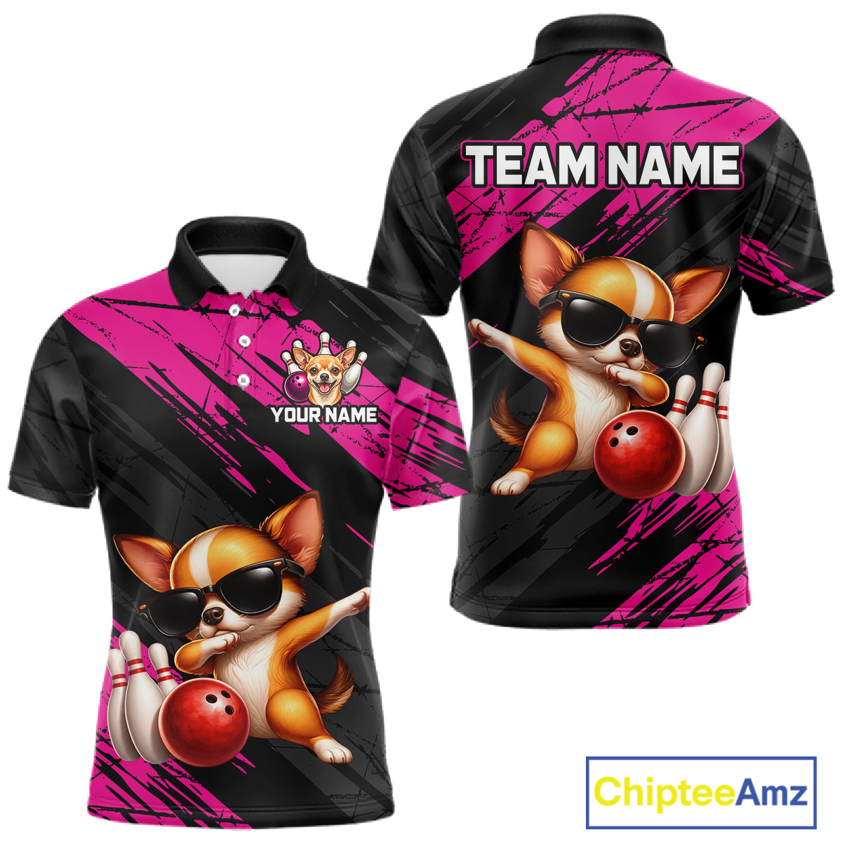 Customizable bowling shirt with cartoon dog design and space for team name and personalization.