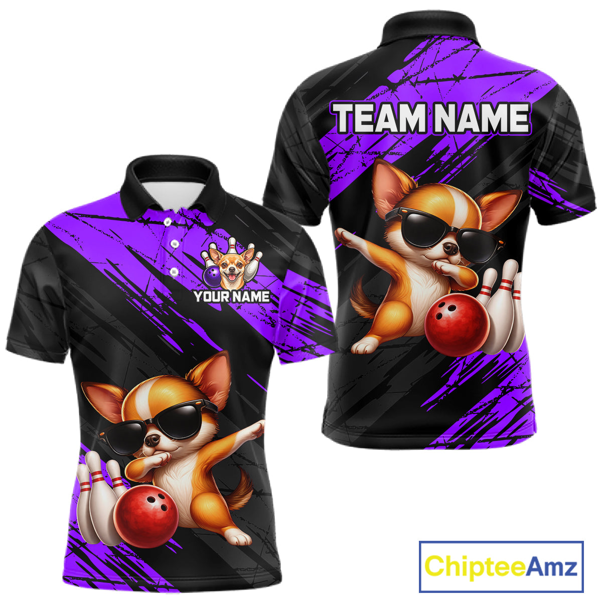 Black and purple polo shirt with cartoon dog design and customizable text on a white background