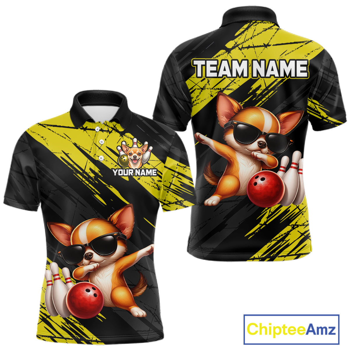 Black and yellow polo shirt with cartoon dog design and 'Team Name' text on a white background.