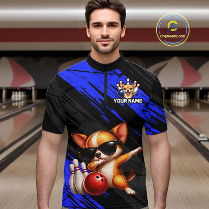 Man wearing a custom bowling-themed t-shirt with a dog graphic in a bowling alley.