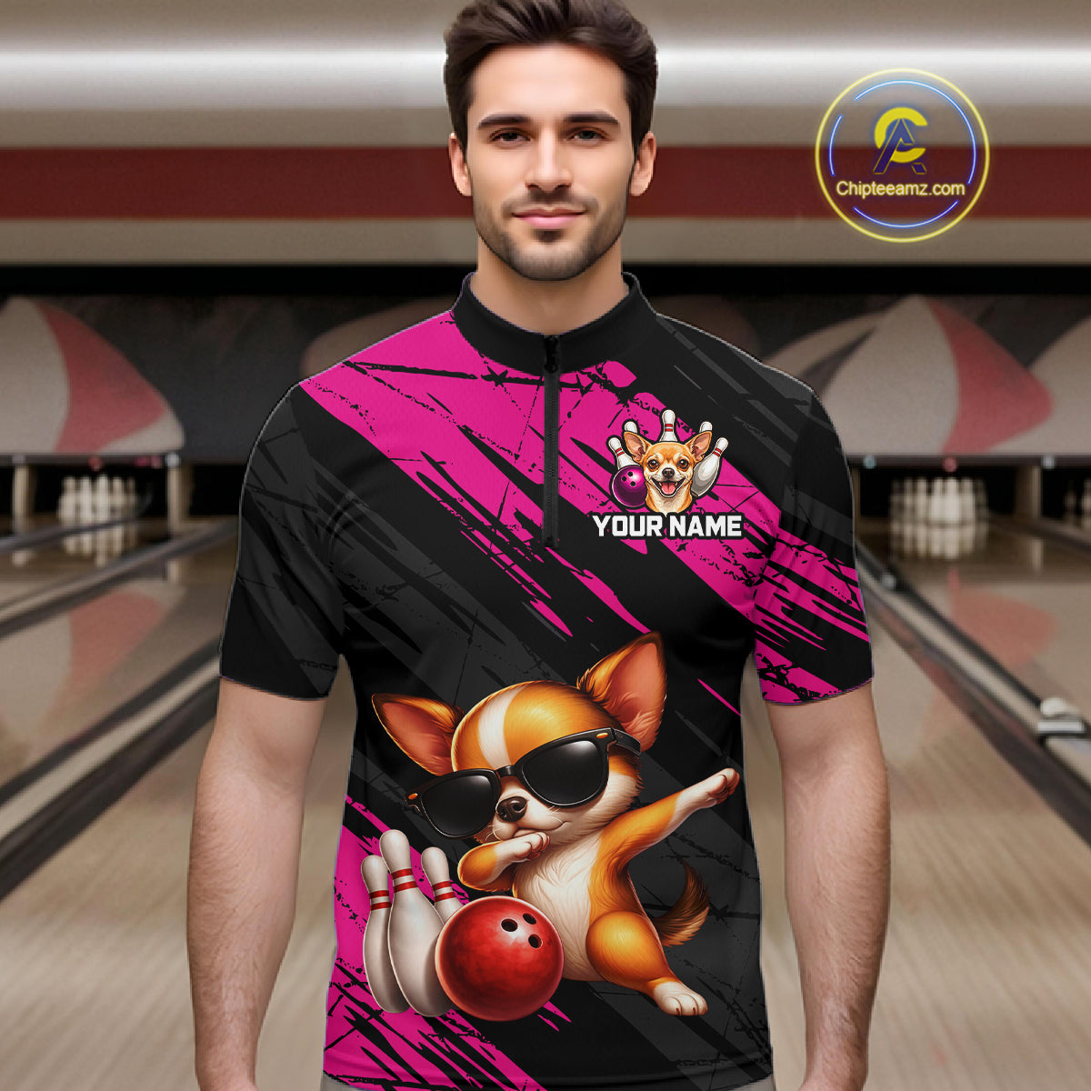 Man wearing a bowling-themed shirt with a dog graphic in a bowling alley.