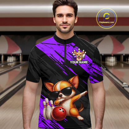 Man wearing a black and purple shirt with a dog graphic and customizable text in a bowling alley.