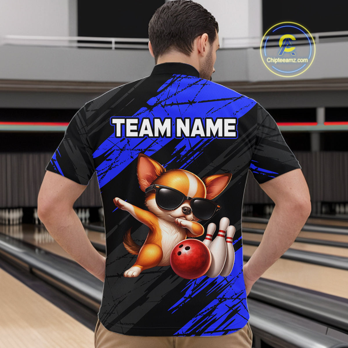 Person wearing a bowling-themed shirt with a dog graphic and 'Team Name' text in a bowling alley.