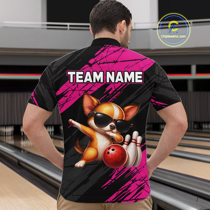 Person wearing a bowling-themed shirt with a dog graphic and 'TEAM NAME' text in a bowling alley.