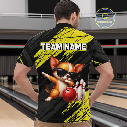 Person wearing a bowling-themed shirt with a dog graphic and 'TEAM NAME' text in a bowling alley.