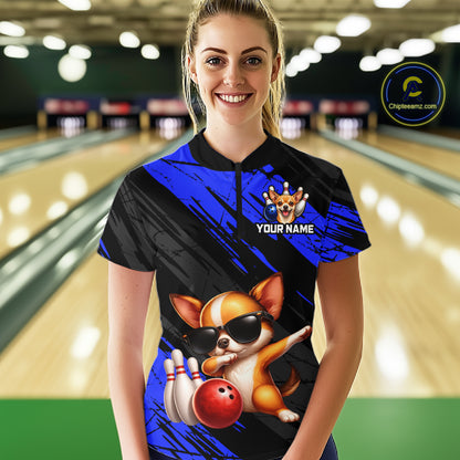 Person wearing a custom bowling shirt with a dog design in a bowling alley.