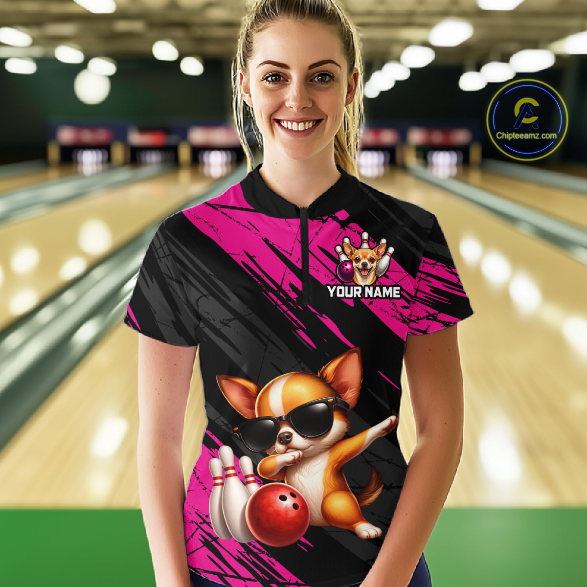 Person wearing a custom bowling shirt with a dog design in a bowling alley.