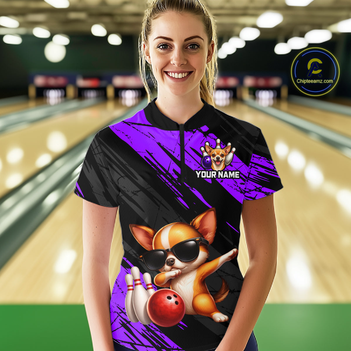 Person wearing a custom bowling shirt with a dog design in a bowling alley.