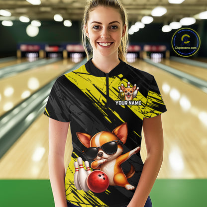 Person wearing a custom bowling shirt with a dog design in a bowling alley.