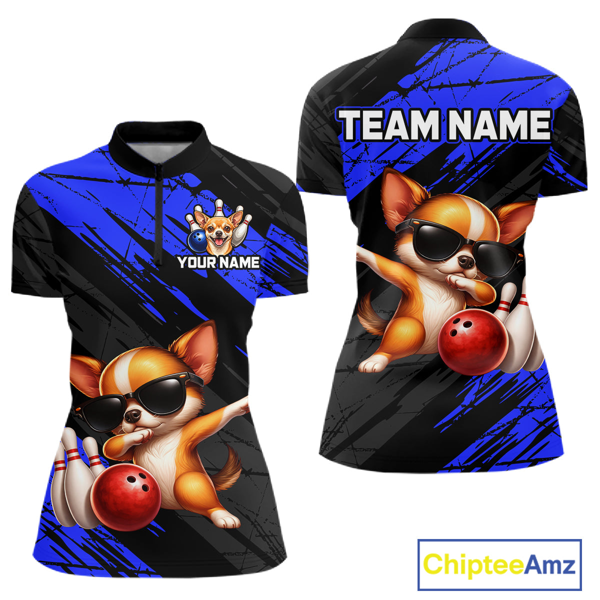 Two views of a polo shirt with a dog bowling design, customizable text, and Chiptee Amz branding.