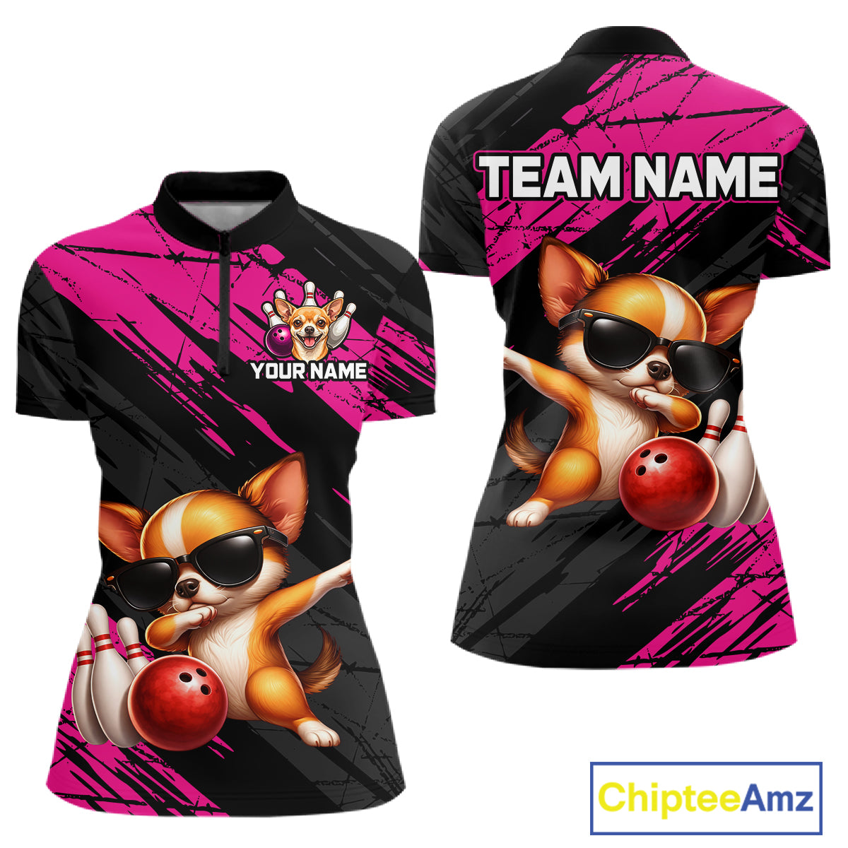 Two views of a shirt with a cartoon dog bowling design, customizable text, and brand logo.
