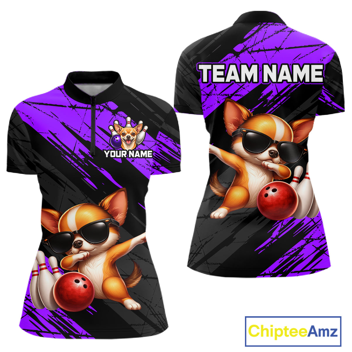 Two views of a polo shirt with a dog bowling design, customizable text, and Chiptee Amz branding.