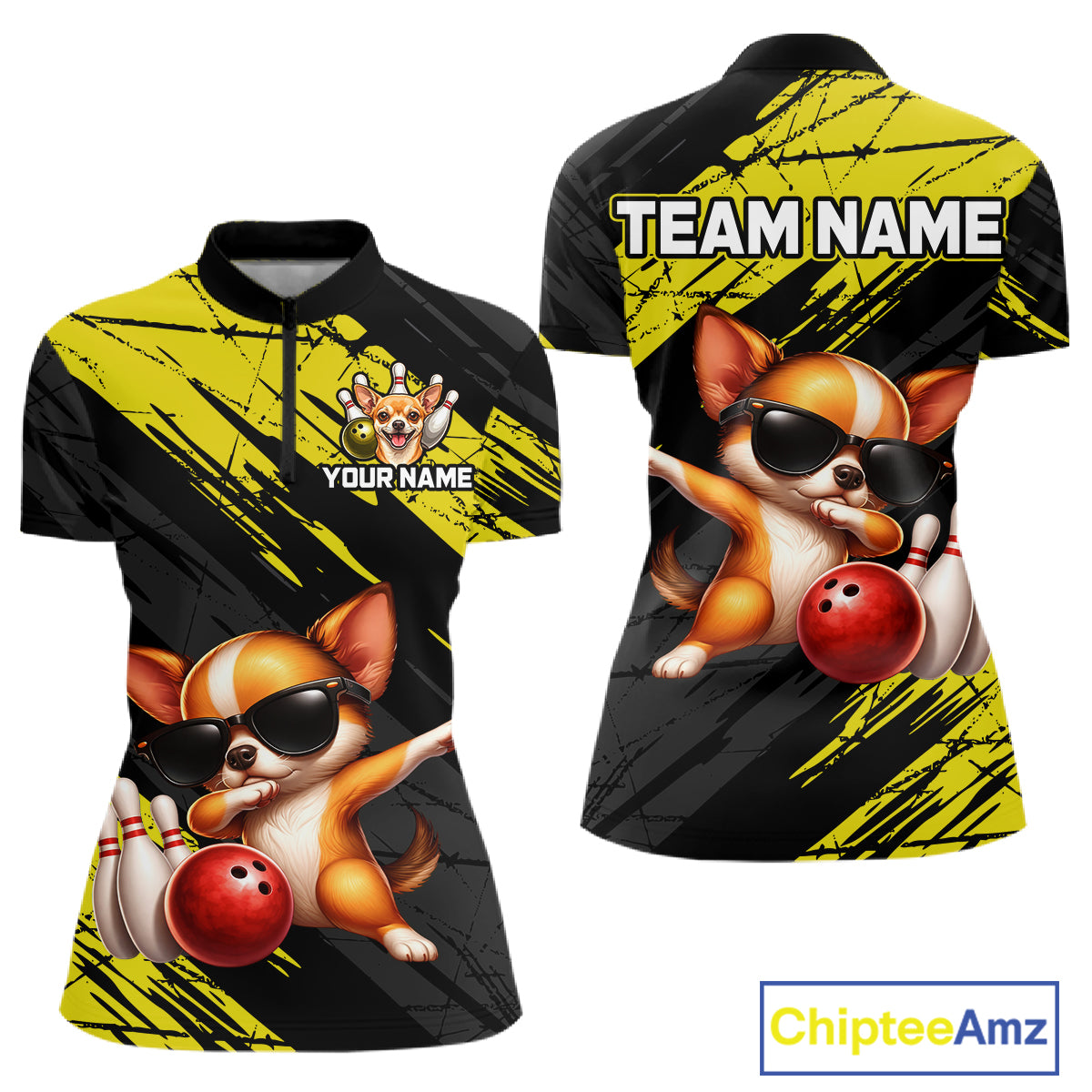Two views of a polo shirt with a dog bowling design, customizable text areas, and Chiptee Amz branding.