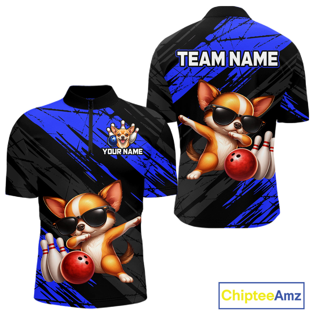 Two bowling shirts with a dog design and customizable text on a white background