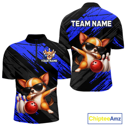 Two bowling shirts with a dog design and customizable text on a white background