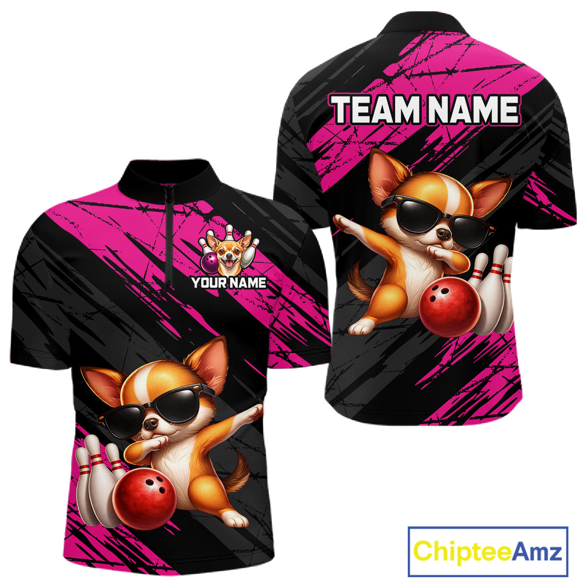 Bowling-themed shirt with a dog design, customizable text, and brand logo.