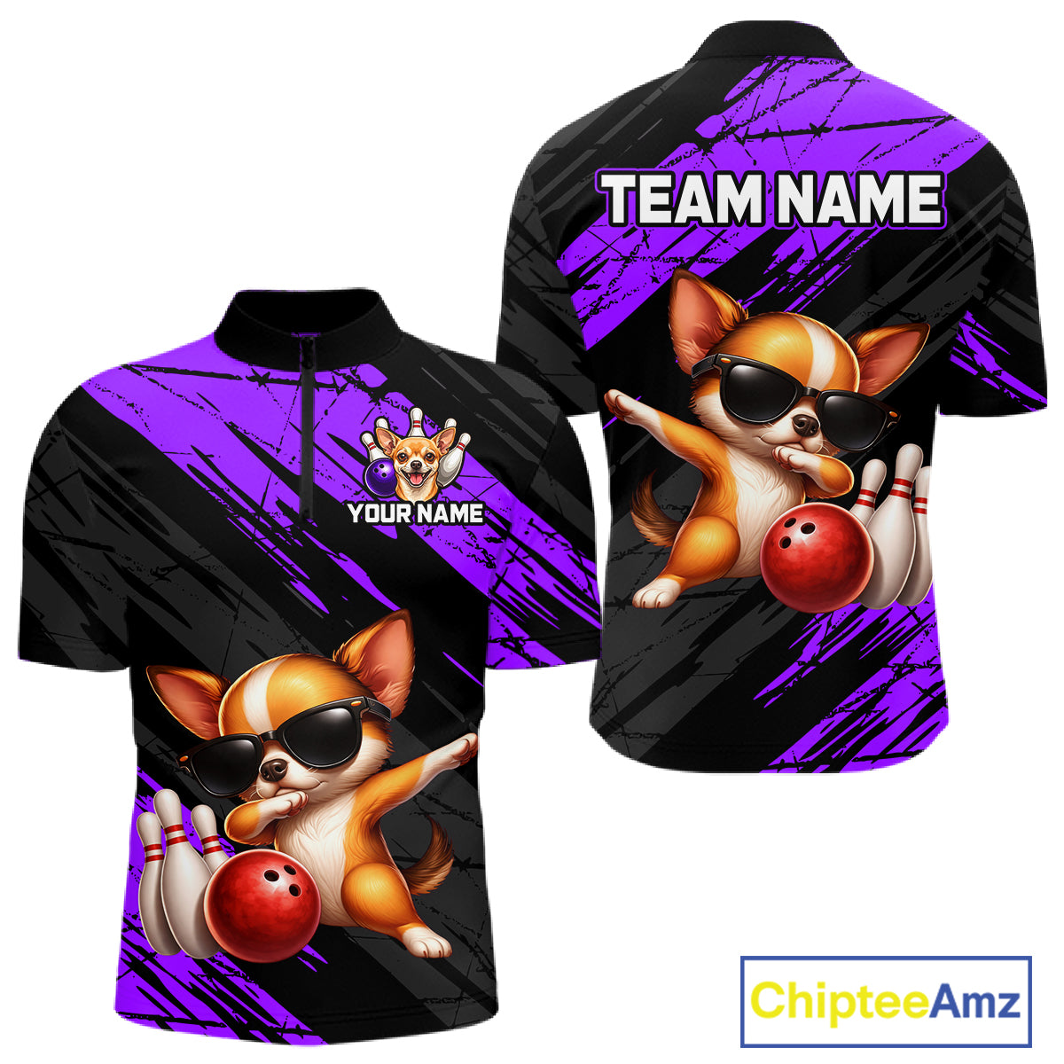 Two shirts with a cartoon dog bowling design and customizable text on a white background.
