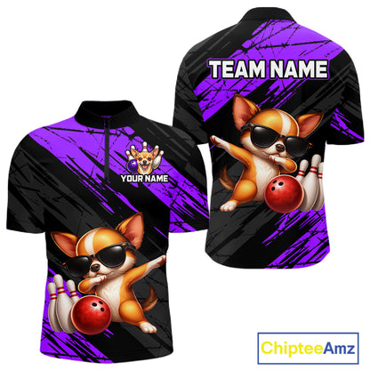 Two shirts with a cartoon dog bowling design and customizable text on a white background.
