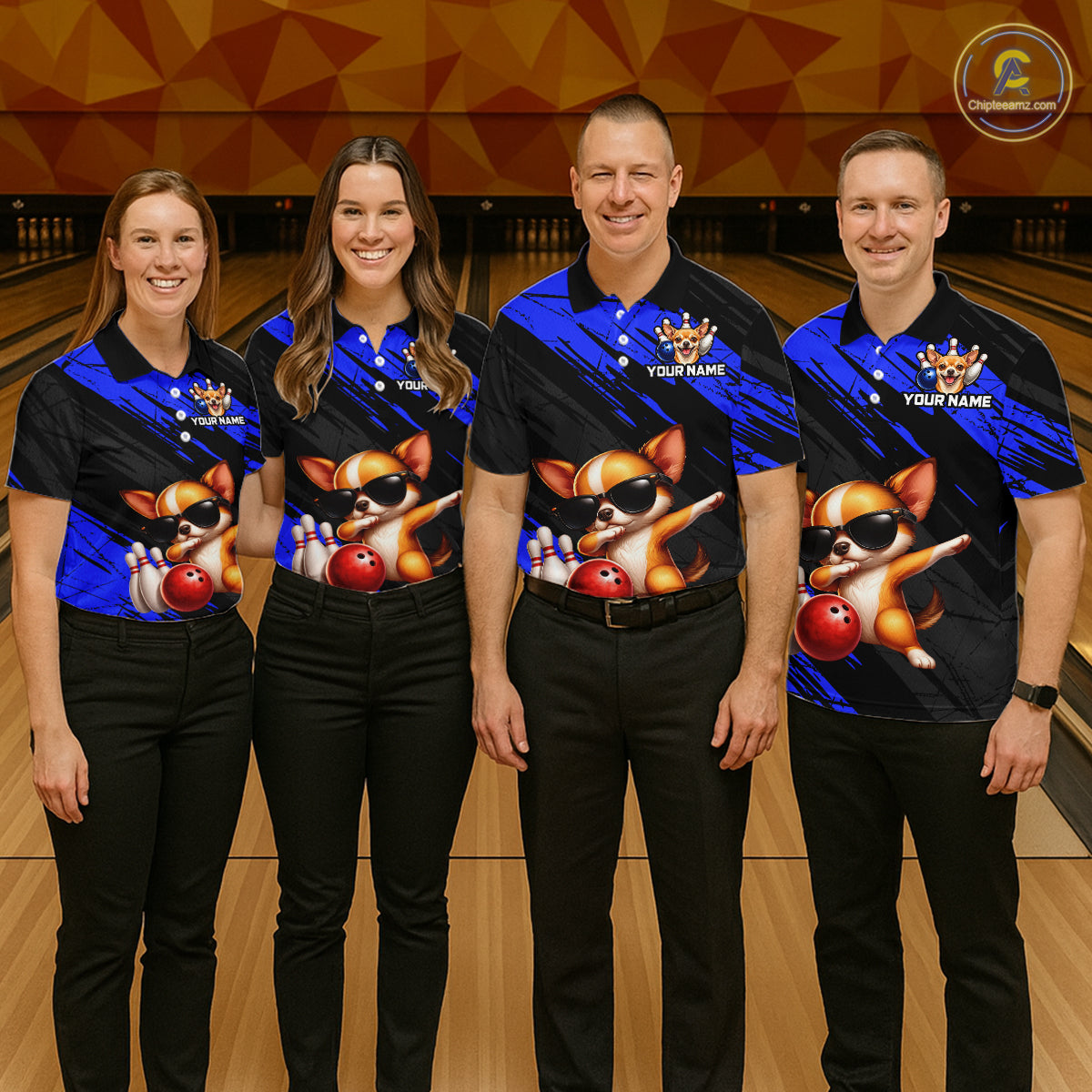 Four people wearing matching bowling shirts with a dog design on a bowling alley.