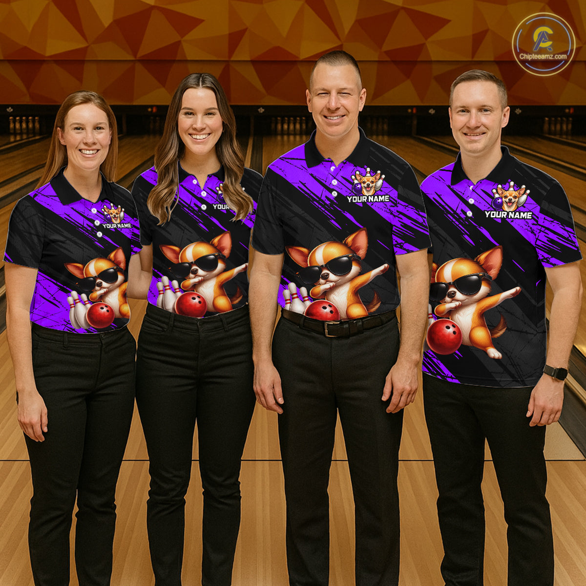 Four people wearing matching bowling shirts with a dog design on a bowling alley.