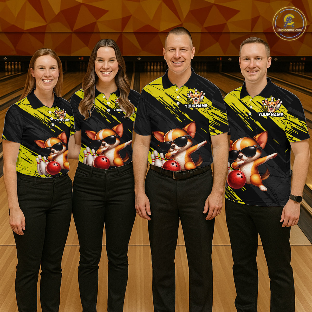 Four people wearing matching bowling shirts with a dog design on a bowling alley.