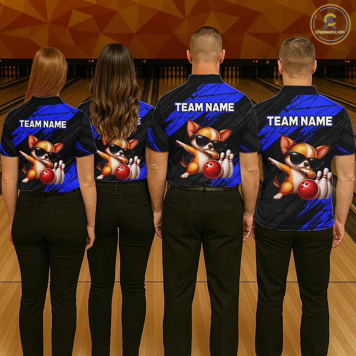 Four people wearing bowling shirts with a team logo and text on a bowling alley background