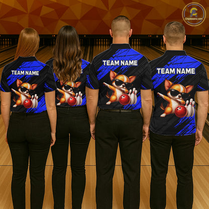 Four people wearing bowling shirts with a team logo and text on a bowling alley background