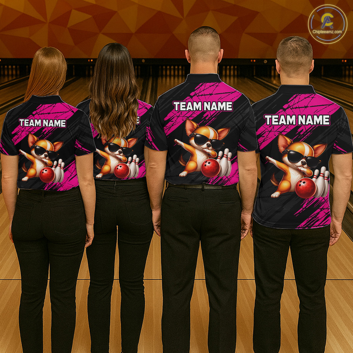 Four people wearing bowling shirts with a team name and cartoon character on a bowling alley.