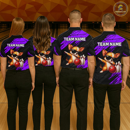 Four people wearing bowling shirts with a team name and cartoon character on a bowling alley.