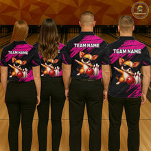 Load image into Gallery viewer, Four people wearing bowling shirts with a team name and cartoon character on a bowling alley.