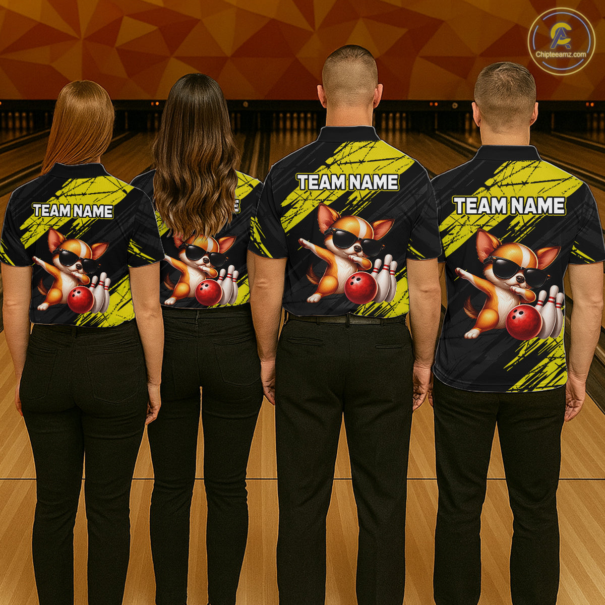 Four people wearing matching bowling team shirts with a cartoon dog design on a bowling alley.
