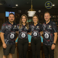 Load image into Gallery viewer, Four people standing with their fronts facing the camera in a billiards hall, wearing matching black polo shirts with shattered-glass graphics, “YOUR NAME” text, and large black 8-ball designs on the front.