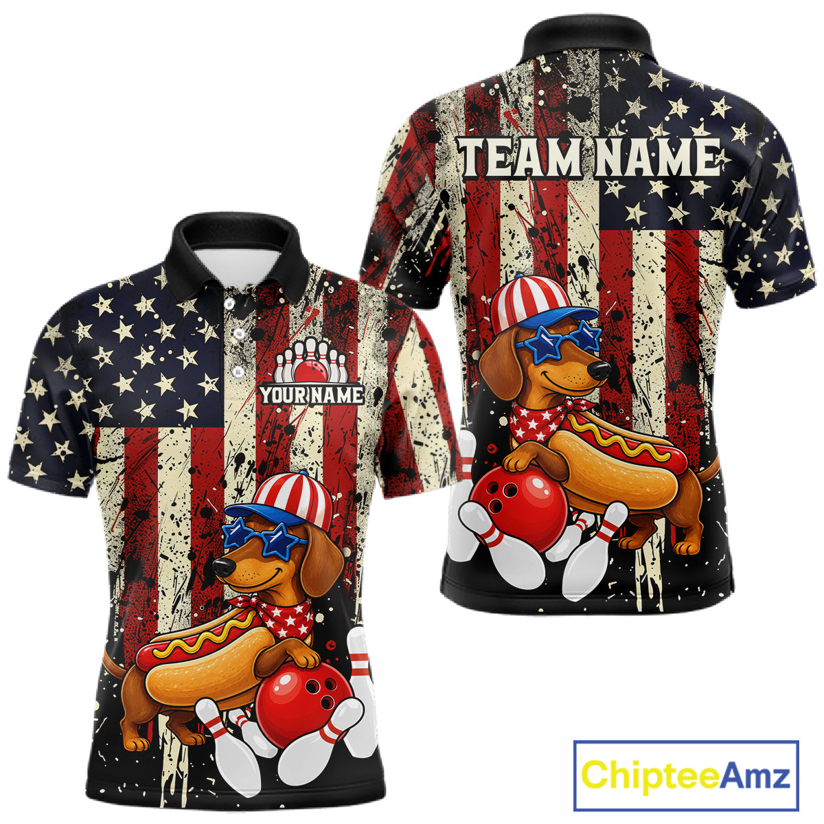 Polo shirt with American flag design and cartoon dog holding a hot dog and bowling ball, customizable with 'Your Name' and 'Team Name'.