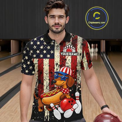 Man wearing a bowling-themed shirt with a dog design in a bowling alley.