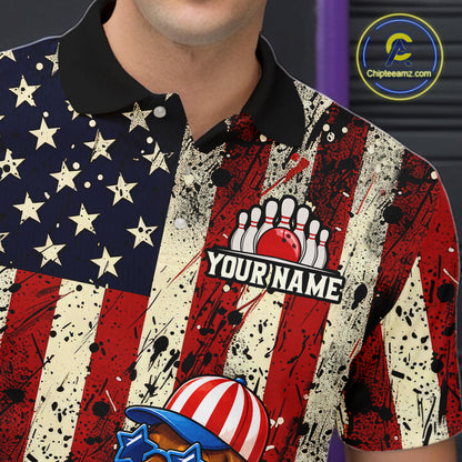 Polo shirt with American flag design and bowling-themed graphics, featuring a visible brand logo.