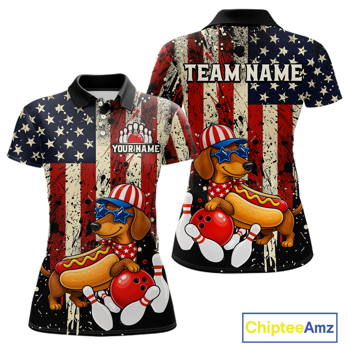 Polo shirt with American flag design and cartoon dog holding a hot dog and bowling ball, with 'Chiptee Amz' branding.