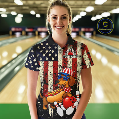 Person wearing a colorful bowling shirt with a patriotic design in a bowling alley.