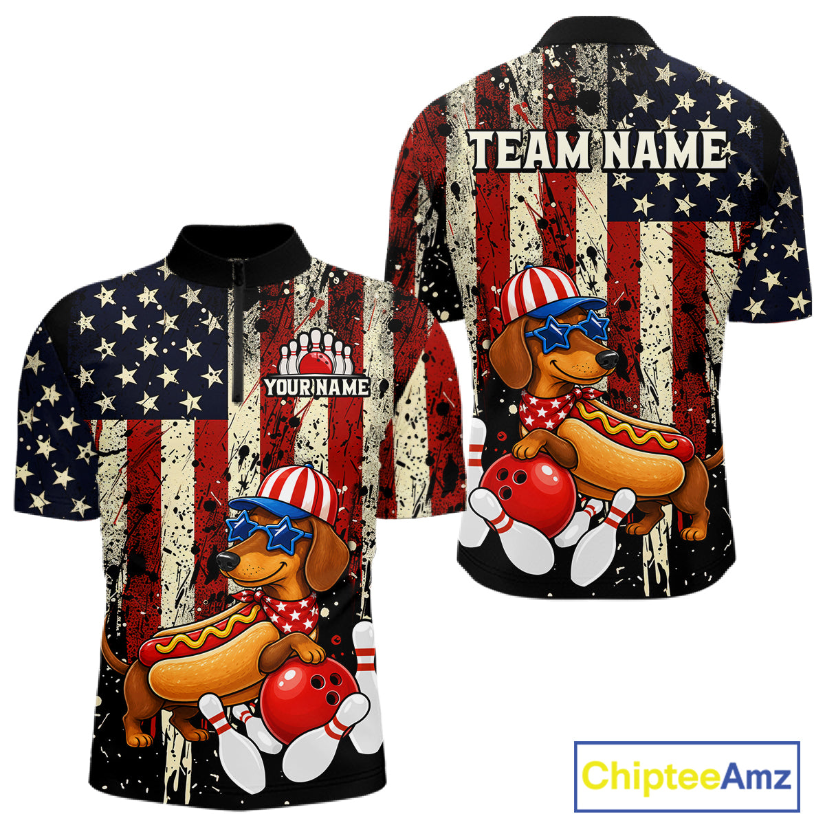 Shirt with dachshund design and American flag pattern, featuring 'Chiptee Amz' branding.