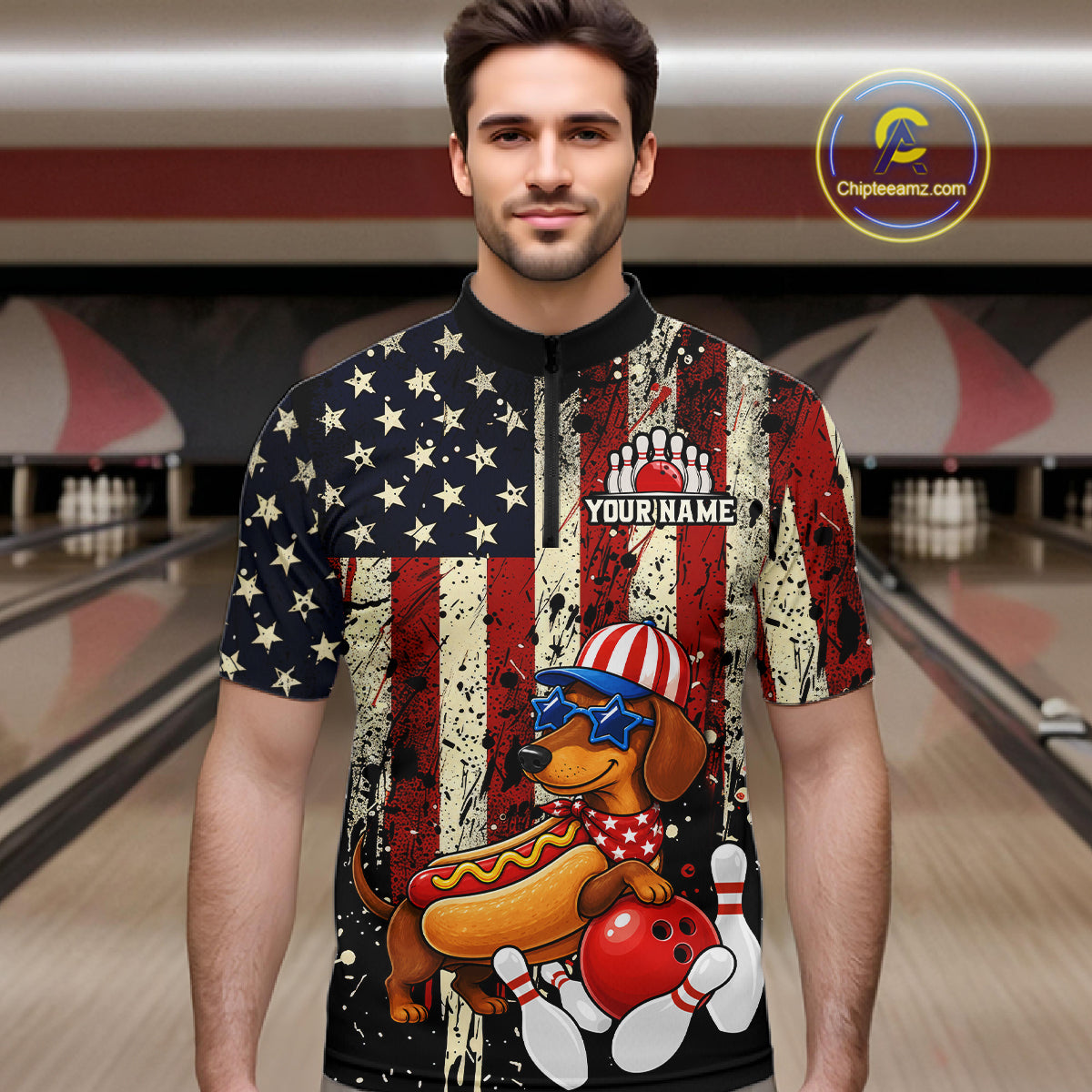 Man wearing a colorful shirt with a dog and bowling ball design in a bowling alley.