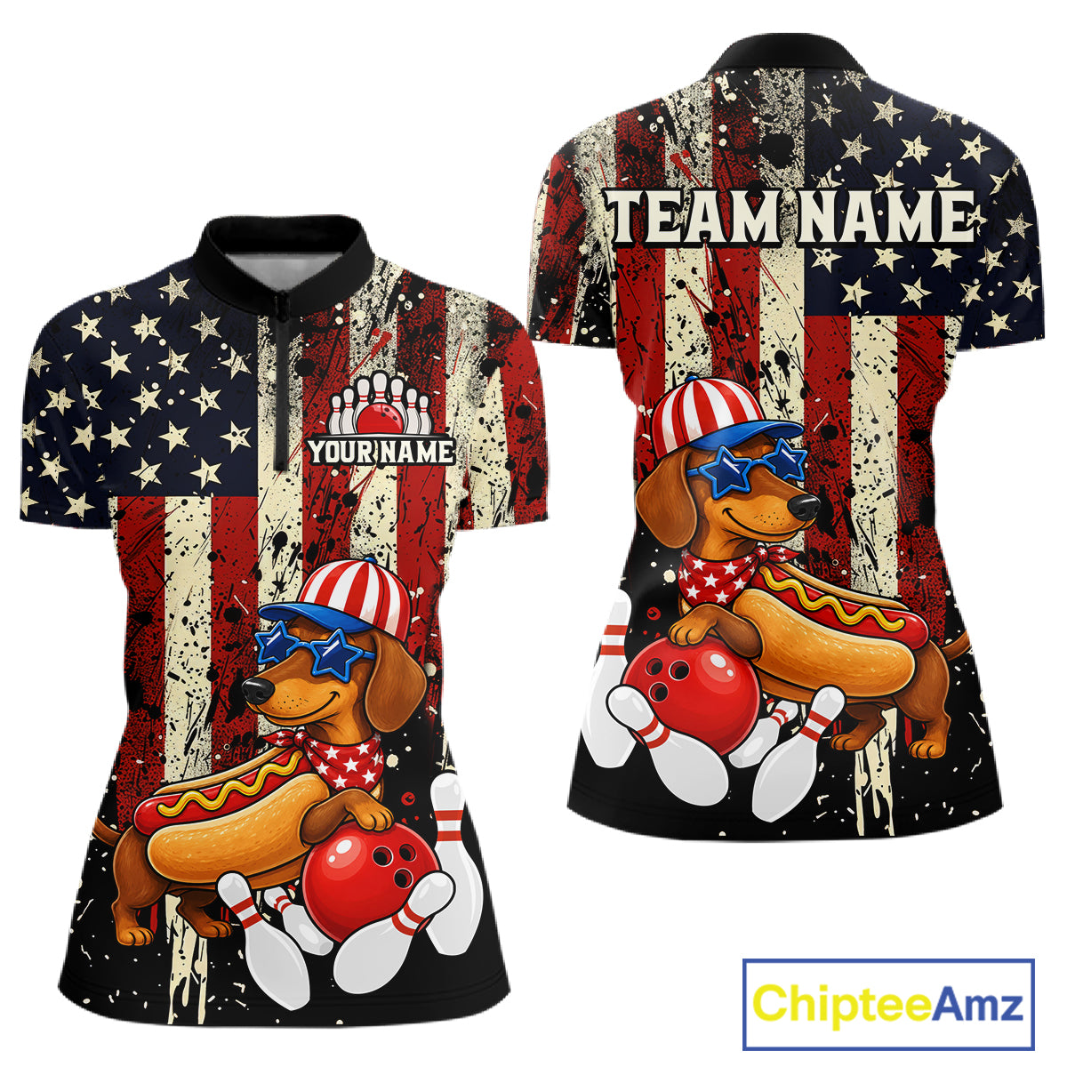 Two polo shirts with a dog bowling design on an American flag background, featuring 'Team Name' and 'Your Name' text.