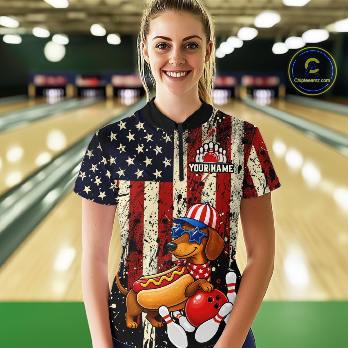 Person wearing a colorful bowling shirt with a dog design in a bowling alley.