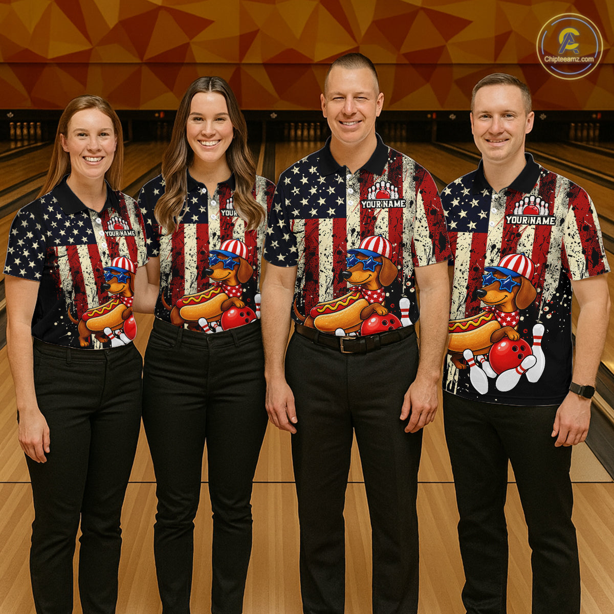 Four people wearing matching bowling shirts with American flag and hot dog design on a bowling alley.