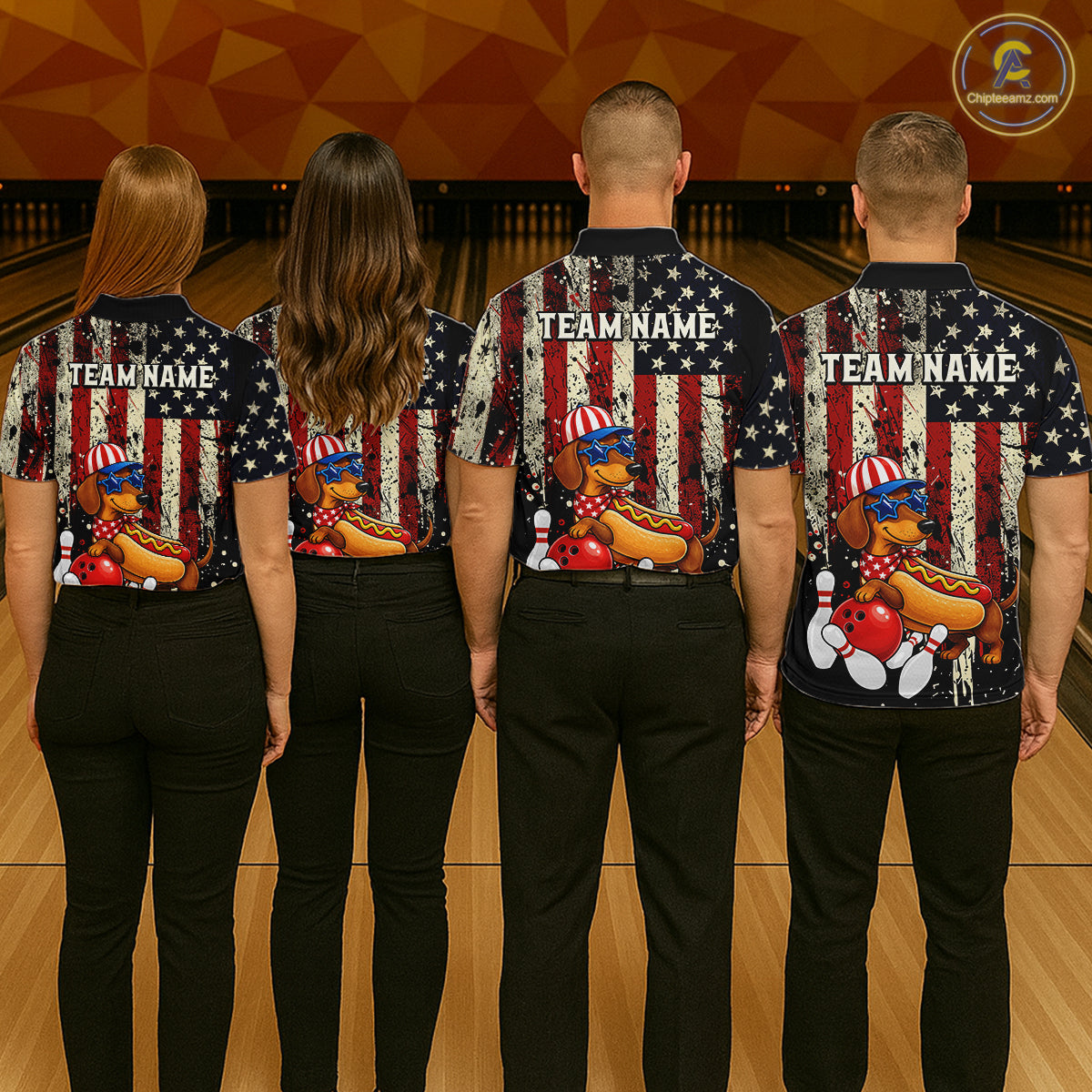 Four people wearing matching bowling shirts with a patriotic design on a bowling alley.