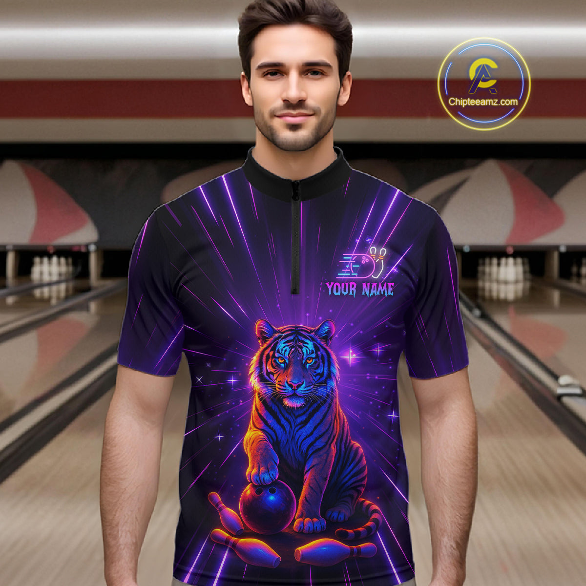 Custom Neon Tiger Bowling Jersey for Men Bowling Team Shirts Bowling League Polo & 1/4 Zip HNT154