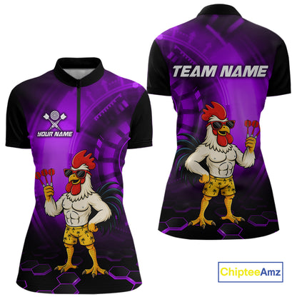 Custom Purple Funny Chicken Darts Shirt for Women Darts Team Jerseys Polo & 1/4 Zip Dart League NNT131