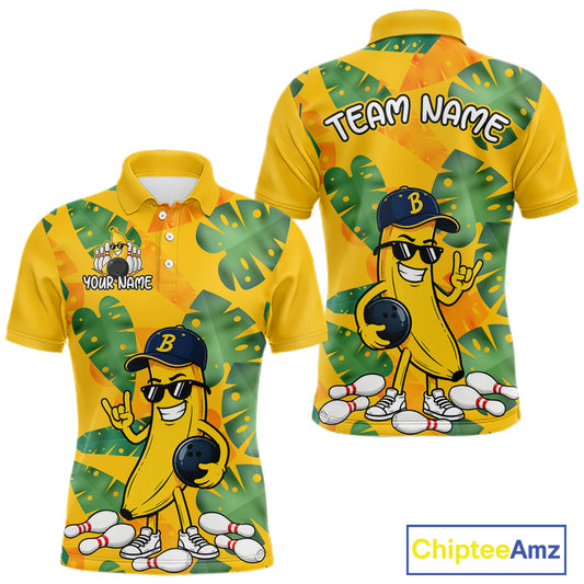Front and back views of a bright yellow polo shirt with tropical leaf patterns, featuring a cartoon banana character wearing sunglasses and holding a bowling ball among scattered pins.